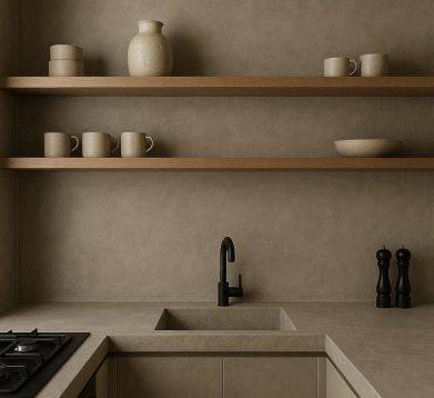 Cocina moderna con encimera y paredes de microcemento